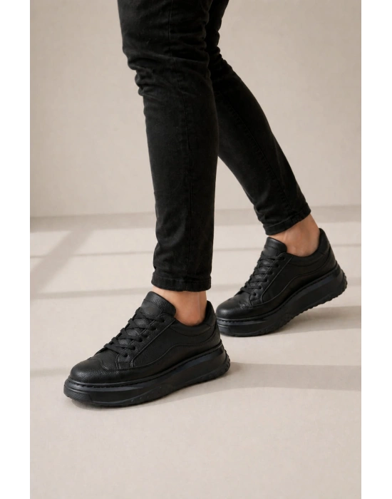 JY507 Dara Bağcıklı Cilt Erkek Günlük Sneaker Ayakkabı CST Siyah