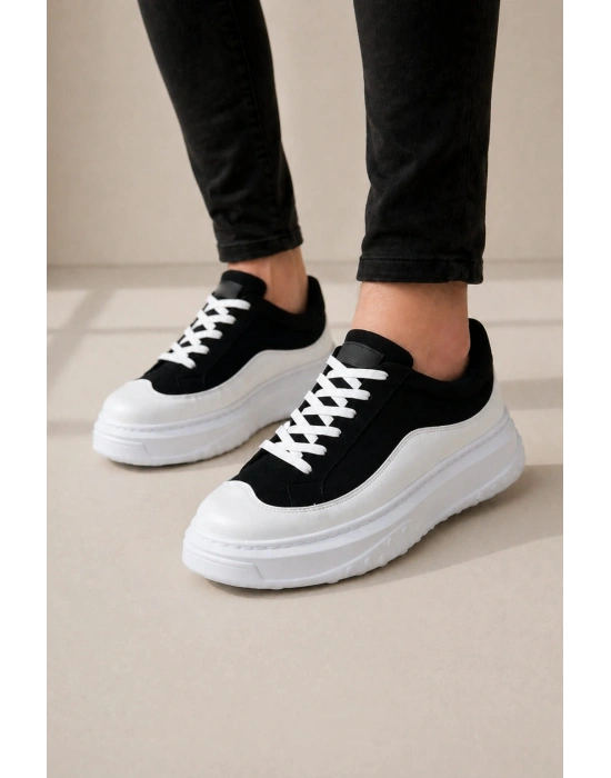 JY507 Dara Bağcıklı Süet Cilt Erkek Günlük Sneaker Ayakkabı SCBT Siyah/Beyaz