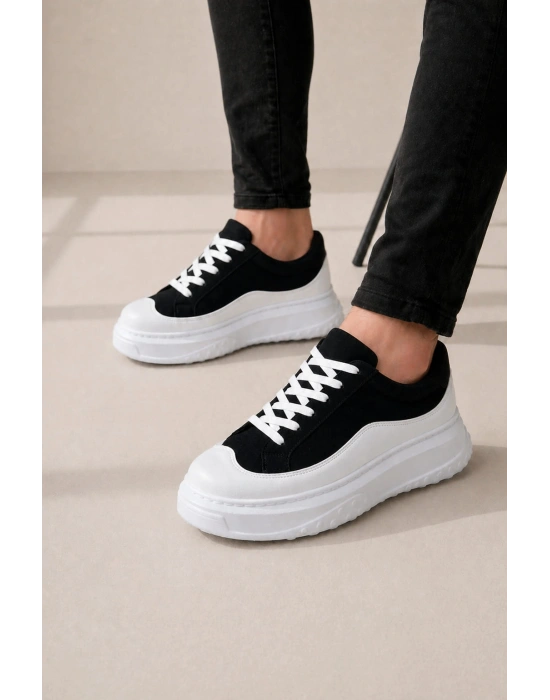 JY507 Dara Bağcıklı Süet Cilt Erkek Günlük Sneaker Ayakkabı SCBT Siyah/Beyaz