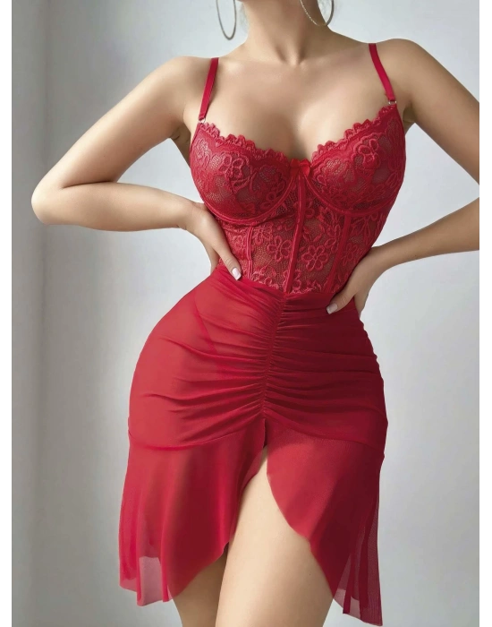 Kadın Ateş Kırmızısı Önden Yırtmaçlı Tül Fantezi Gecelik 2241