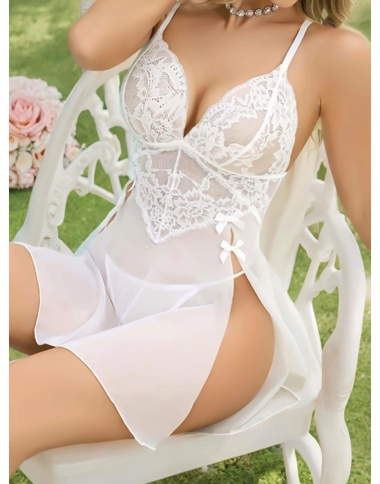 Kadın Beyaz Fantezi Gecelik Tül Dantel detaylı Yanları Dekolteli 2202