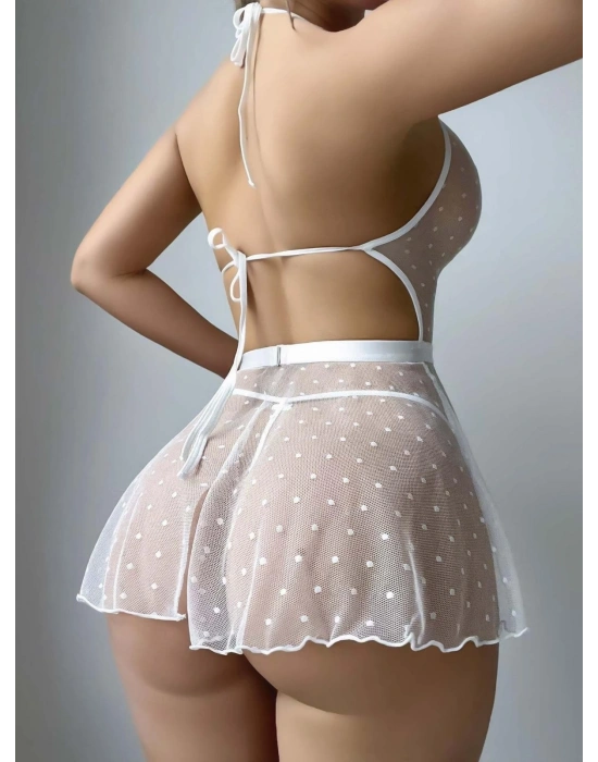 Kadın Beyaz Fantezi Gecelik Tül Nokta Desenli 2207