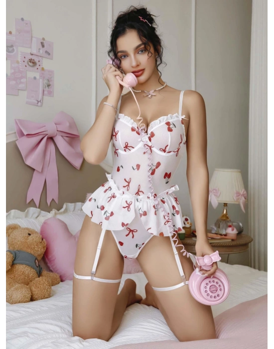 Kadın Beyaz Kiraz Desen Detaylı Fantezi Kostüm 2239