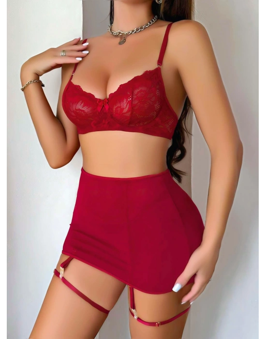 Kadın Bordo Etek Fantezi Jartiyer Sexy Gecelik Takım 2151