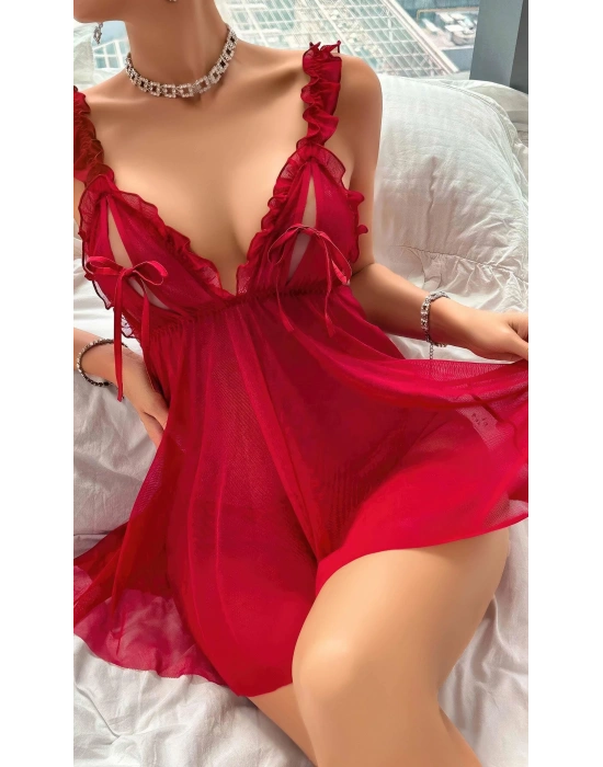 Kadın Bordo Yumuşak Tüllü Fantezi Gecelik 2109