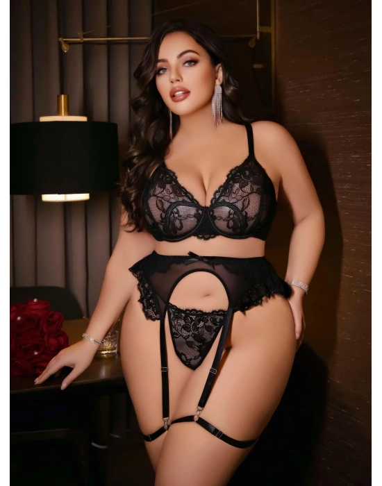 Kadın Büyük beden dantel detaylı fantezi jartiyer takımı 8010