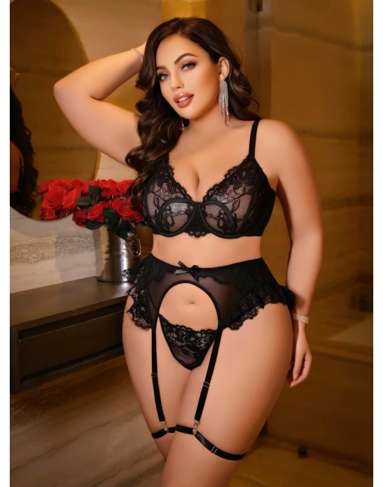 Kadın Büyük beden dantel detaylı fantezi jartiyer takımı 8010