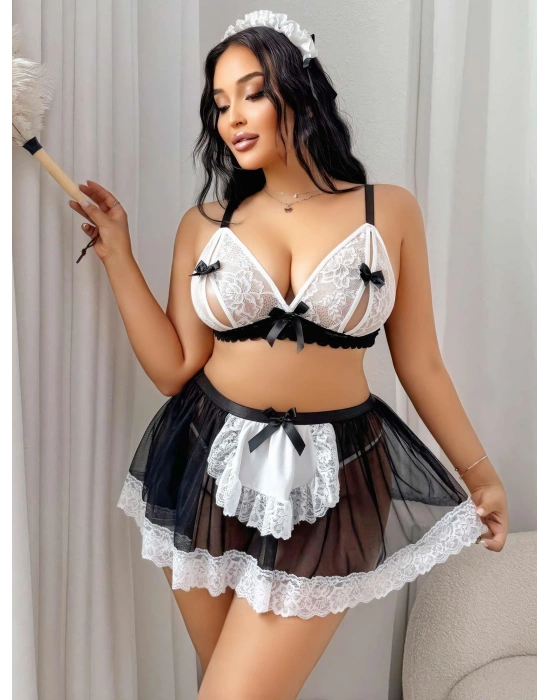 Kadın Büyük Beden  Seksi Hizmetçi Kostüm Fantezi Transparan Tül Fantezi Erotik 8006