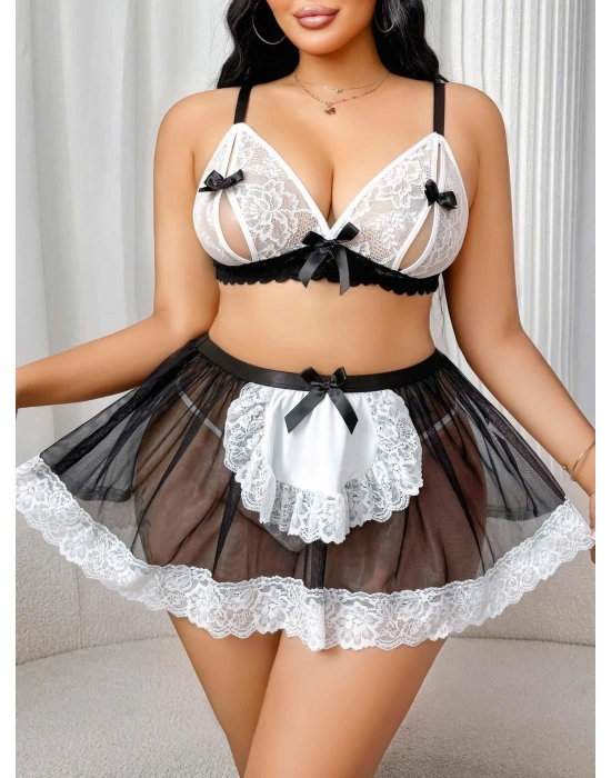 Kadın Büyük Beden  Seksi Hizmetçi Kostüm Fantezi Transparan Tül Fantezi Erotik 8006