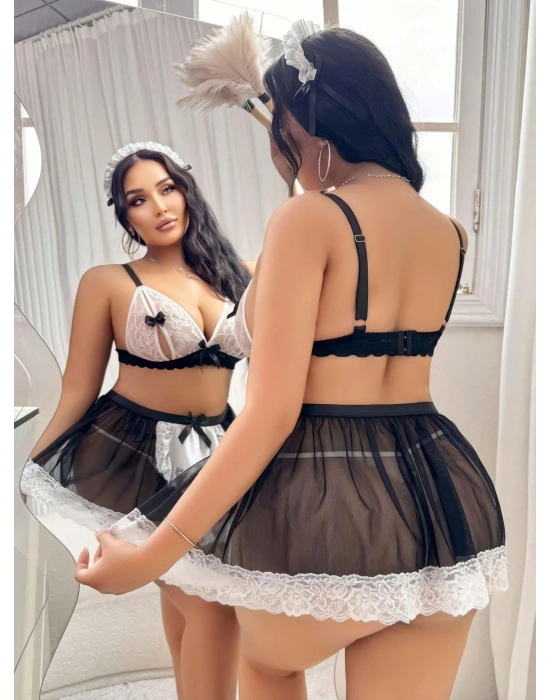 Kadın Büyük Beden  Seksi Hizmetçi Kostüm Fantezi Transparan Tül Fantezi Erotik 8006