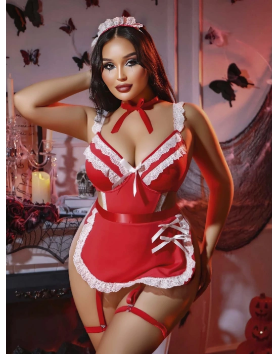 Kadın Büyük Beden Yılbaşı Özel Dantel Detaylı Fantezi Jartiyer Takımı 8012