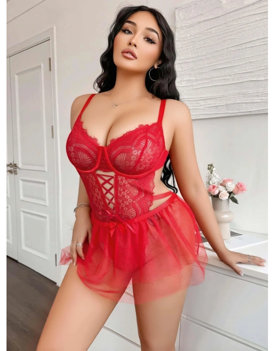 Kadın Çapraz İpli Dantelli Büyük Beden Tüllü Transparan Fantezi Gecelik 8008