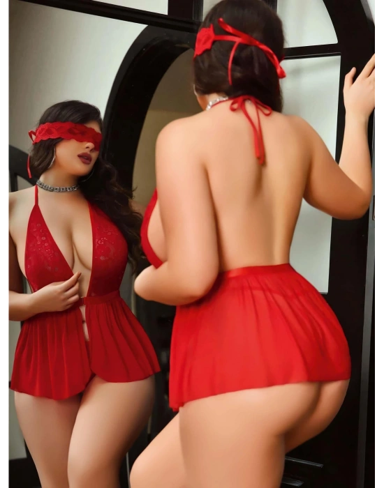 Kadın Dantel Göz Bantlı Boyundan Bağlamalı Fantazi Büyük Beden Gecelik  8001