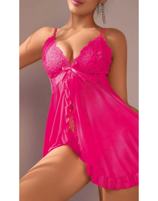 Kadın Fuşya Fantezi Gecelik Tül Önü Açık Fırfırlı Fiyok detaylı 2113