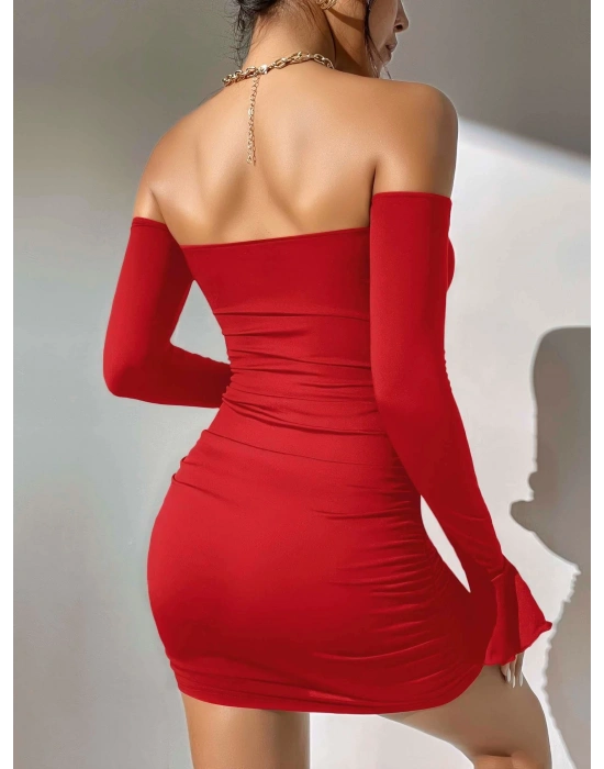 Kadın Kırmızı Dalgıç Kumaş İspanyol Kol Fantezi Elbise 5151