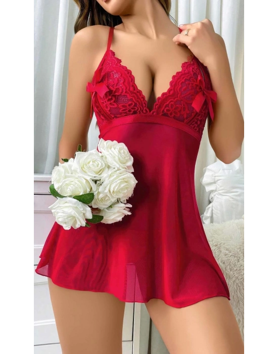 Kadın Kırmızı Fantezi Gecelik Kısa Tül Göğüs Fiyok Detaylı 2097