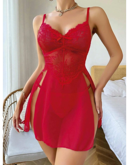 Kadın Kırmızı Fantezi Gecelik Tül Fiyonk detaylı Yanları Dekolteli 2160