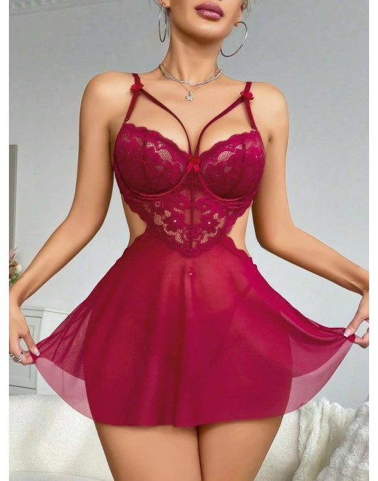 Kadın Kırmızı Fantezi Gecelik Tül Göğüs Dantel Dekolteli Fiyok detaylı 2162