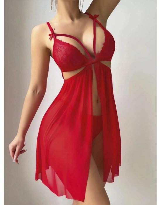 Kadın Kırmızı Fantezi Gecelik Tül Göğüs Dekolteli Önü açık 2194