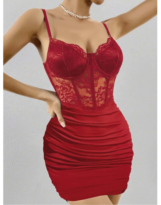 Kadın Kırmızı Transparan Karın ve Dantel Detaylı Gece Kıyafeti 5150