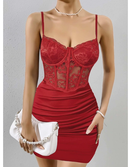 Kadın Kırmızı Transparan Karın ve Dantel Detaylı Gece Kıyafeti 5150