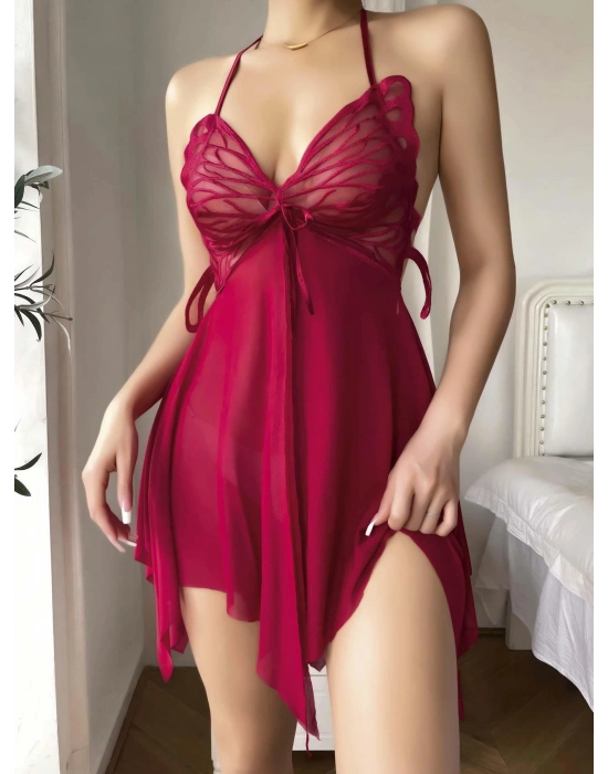 Kadın Kırmızı Transparan Kelebek Detaylı Tül Fantezi Gecelik 2245