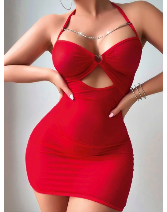 Kadın Kırmızı Tül Zincir Detaylı Fantezi Gecelik 2177