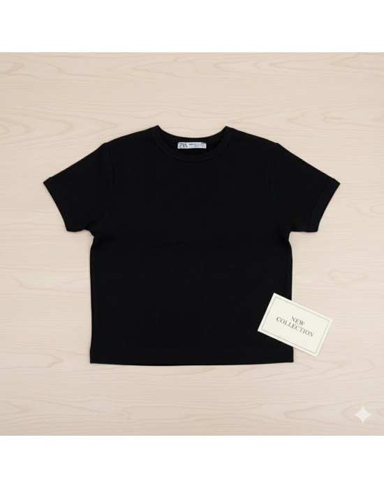 Kadın Kısa Kol Yazlık Dar Basic Siyah Crop Tişört