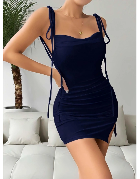 Kadın Lacivert Fantezi Sırt Dekolteli Midi Club Elbisesi 5033