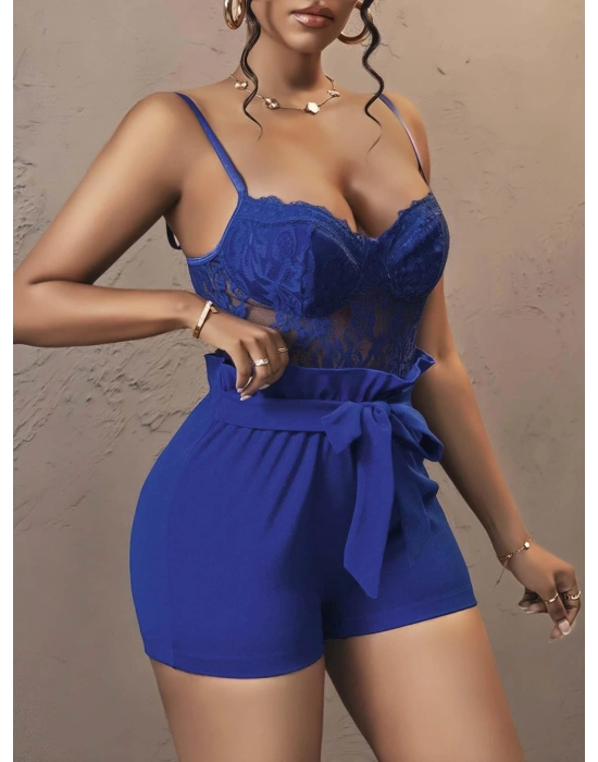 Kadın Lacivert Kuşak ve Dantel Detaylı Gece Kıyafeti 5148