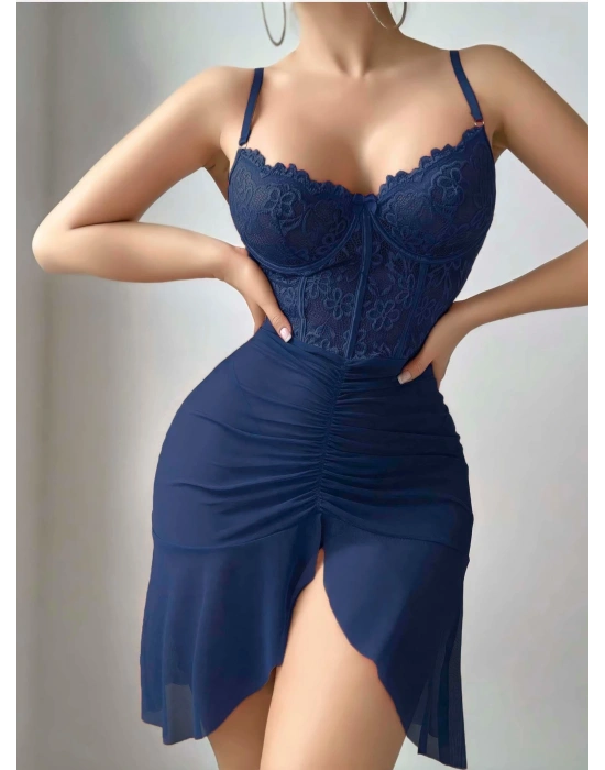 Kadın Mavi Transparan Dantel Detaylı Tül Fantezi Gecelik 2242