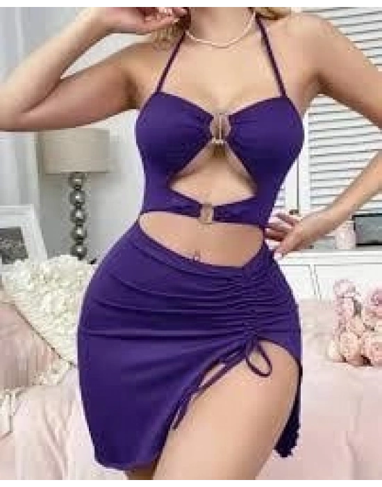 Kadın Mor Fantezi Elbise Önden Büzgü Dekolteli 5083