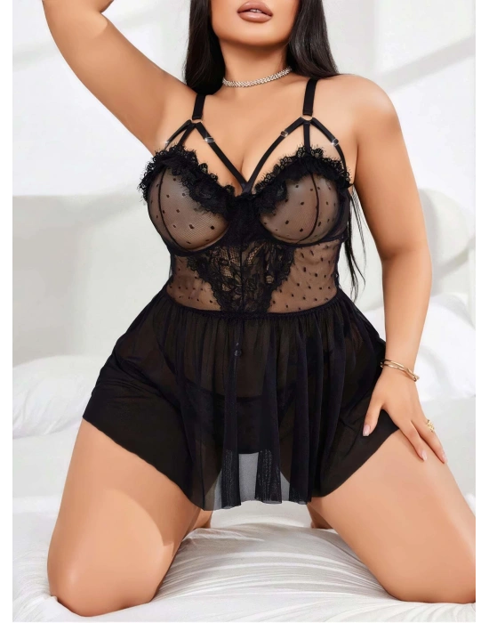 Kadın Nakışlı Siyah Gotik İp Askılı Büyük Beden Tüllü Transparan Fantezi Gecelik 8007