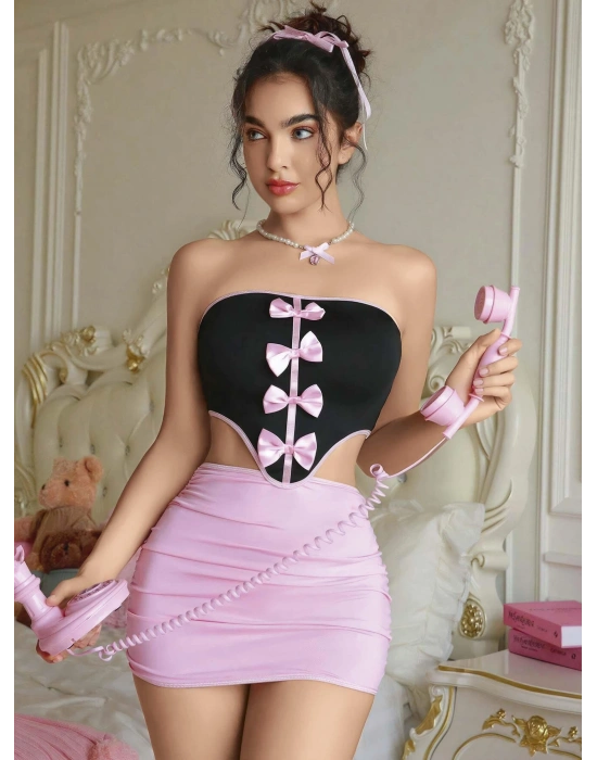 Kadın Pembe Etekli Fiyonk Detaylı Fantezi Elbise 2154