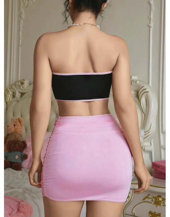 Kadın Pembe Etekli Fiyonk Detaylı Fantezi Elbise 2154