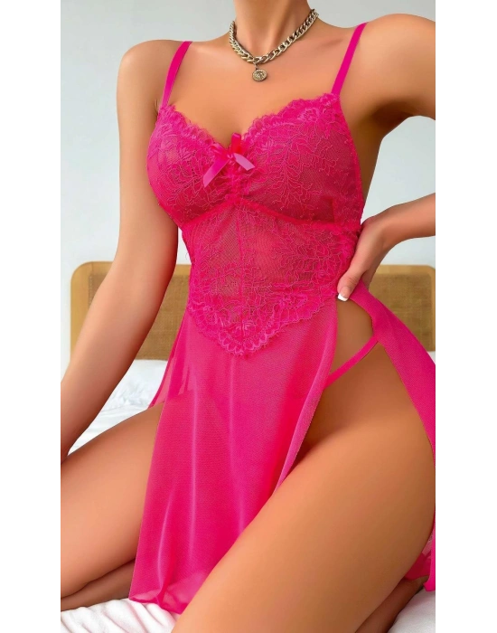 Kadın Pembe Fantezi Gecelik Tül Fiyonk detaylı Yanları Dekolteli 2091