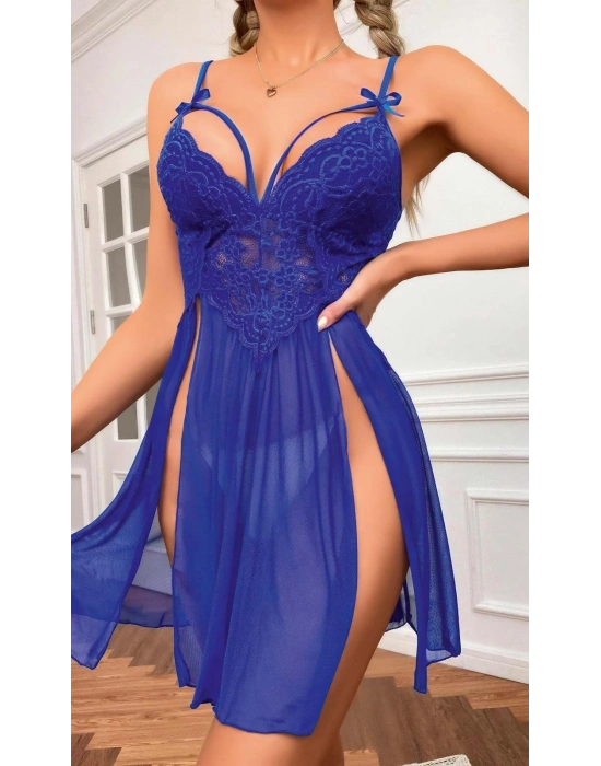 Kadın Saks Mavisi Fantezi Gecelik Tül Göğüs Dantel Dekolteli Fiyok detaylı Yırtmaçlı 2106