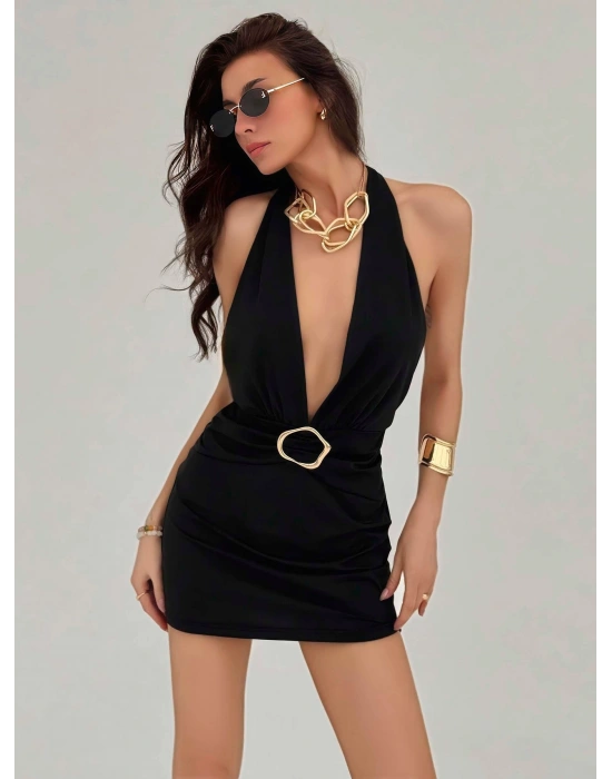 Kadın Siyah Aksesuar Detaylı Boyundan Bağlamalı Şık Tasarım Fantezi Elbise 5141