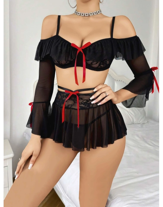 Kadın Siyah Etek Bustiyer Sexy Gecelik Takım 2157