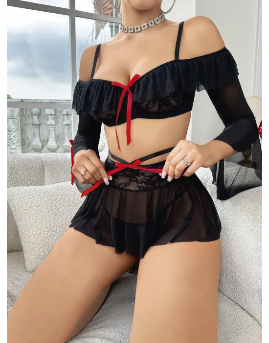 Kadın Siyah Etek Bustiyer Sexy Gecelik Takım 2157