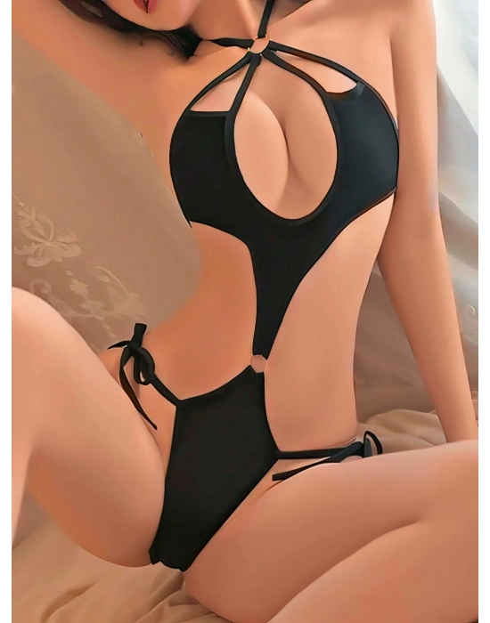 Kadın Siyah Fantezi Boyundan Bağlama Halka Detaylı Sexi Kostüm 2046