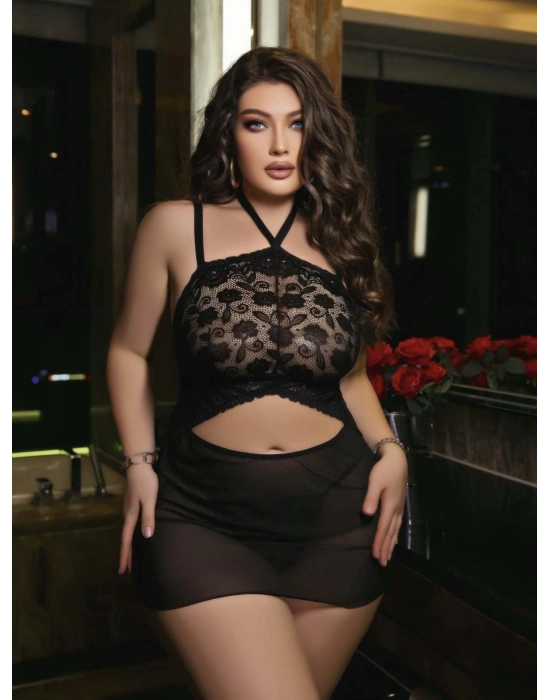 Kadın Siyah Fantezi Gecelik Kısa Tül Boyundan bağlamalı 2200