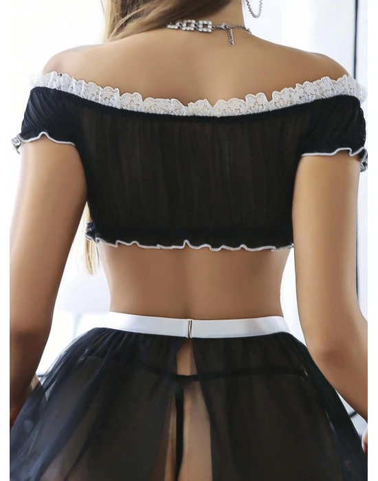 Kadın Siyah Fantezi Kostüm Fır Fır detaylı hizmetçi Çorap hariç 2212