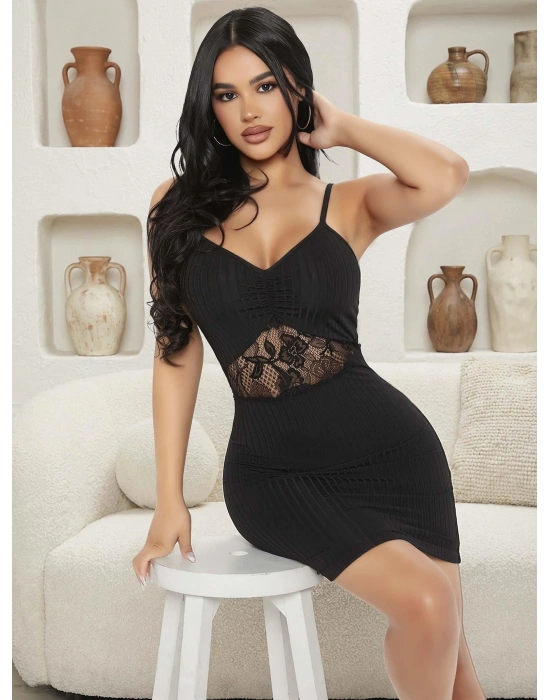 Kadın Siyah Göbek Dantel Detaylı Fantezi Elbise 5142