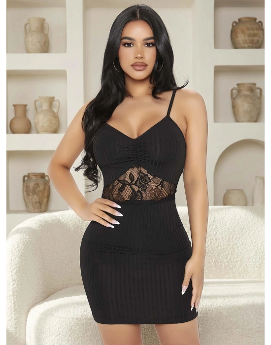 Kadın Siyah Göbek Dantel Detaylı Fantezi Elbise 5142