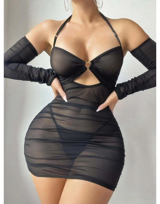 Kadın Siyah  Kolları Uzun Tül Detaylı Fantezi Gecelik 2182