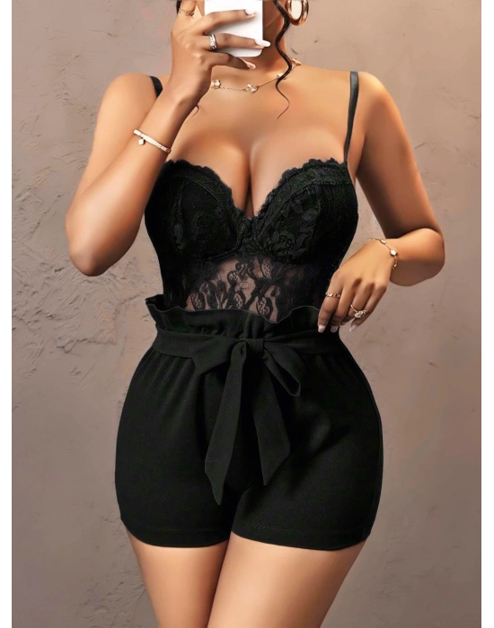 Kadın Siyah Kuşak ve Dantel Detaylı Fantezi Elbise 5143