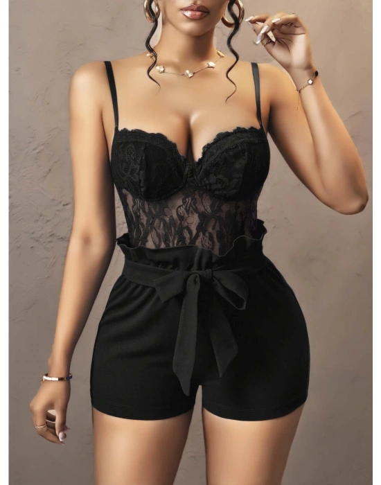 Kadın Siyah Kuşak ve Dantel Detaylı Fantezi Elbise 5143