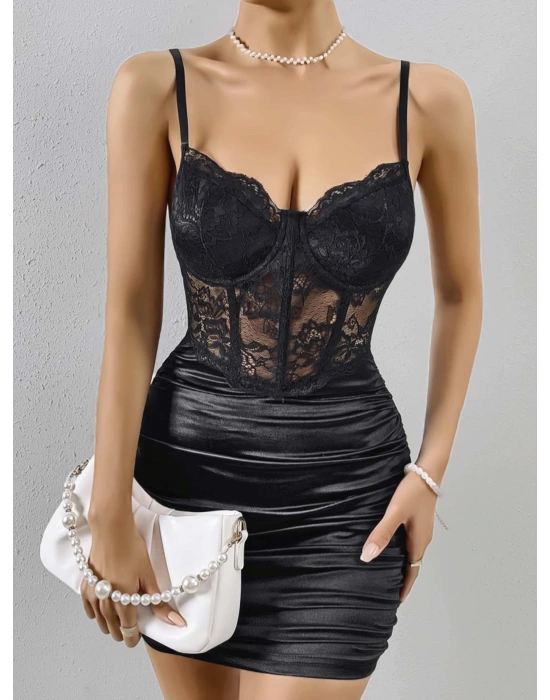 Kadın Siyah Zarif Kolsuz Elbise Seksi Dantelli Çiçek Desenli Fantezi Elbise 5149