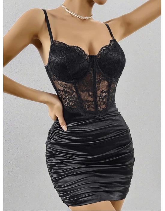 Kadın Siyah Zarif Kolsuz Elbise Seksi Dantelli Çiçek Desenli Fantezi Elbise 5149